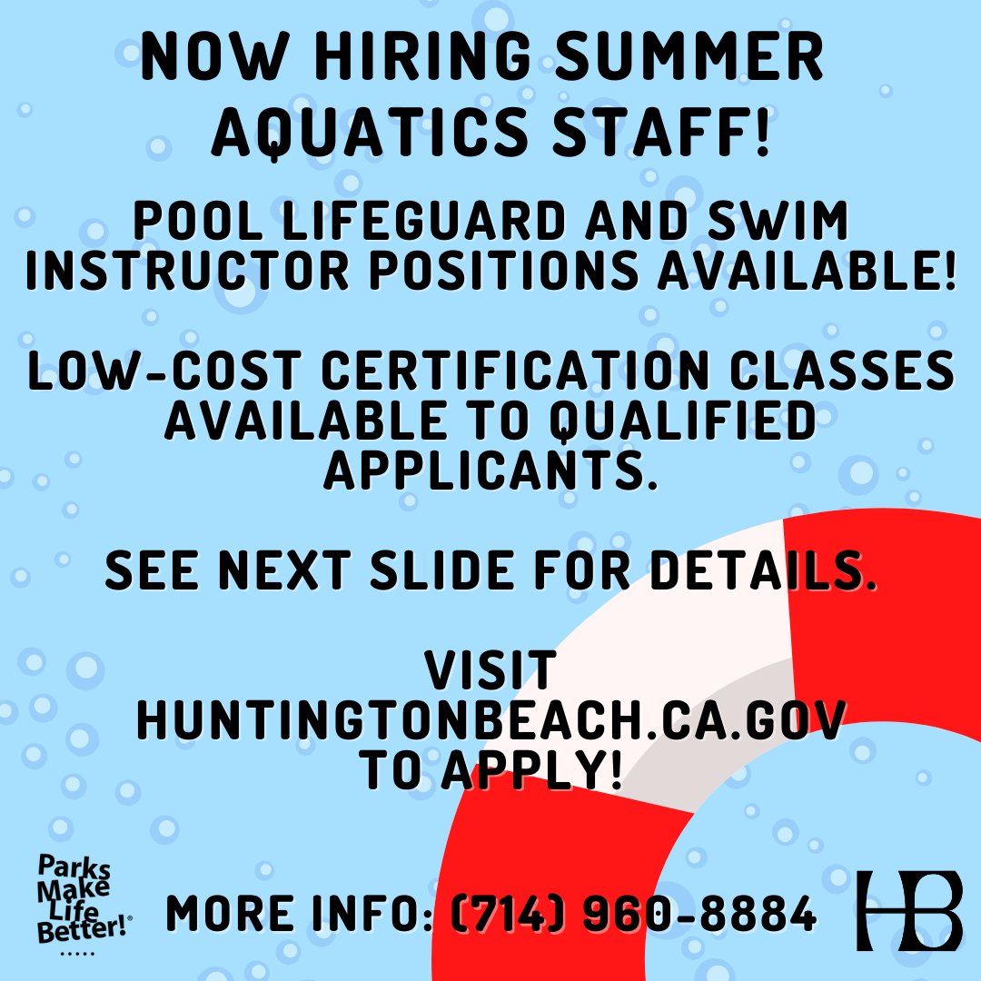 HBCommServices's tweet photo. We hiring for summer pool lifeguards! If you (or someone you know) is looking to work in a rewarding and fun environment, we encourage you to use the link in our bio to fill out an application today. 📄 🙌
#hbsands #hbplays https://t.co/9rd71TdQej