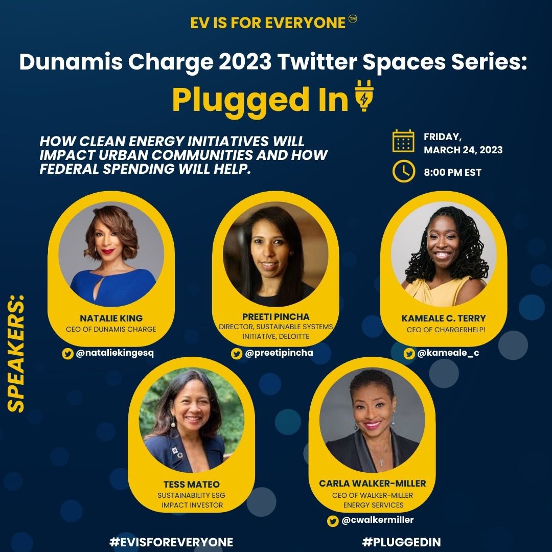 This chat is going to me CHARGED UP! ⚡️@dunamischarge @dunamisenergy1 #TwitterSpaces TONIGHT 8pm EST w/ @DrPeopleexpert @NatalieKingEsq @KamealeC @cwalkermiller @preetipincha #TessMateo #evisforeveryone #pluggedin