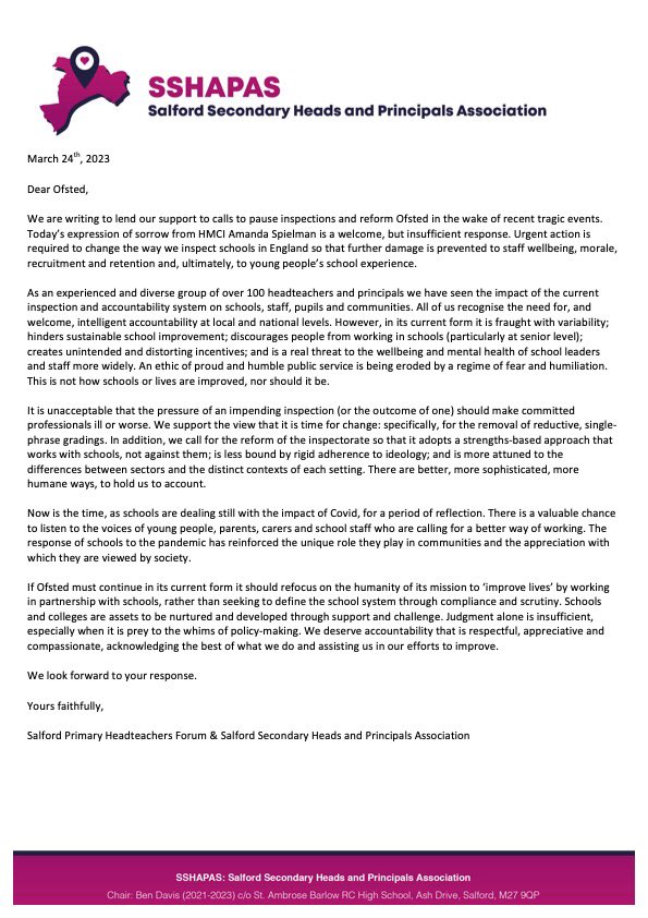 BenDavis1972's tweet image. A joint open letter to Ofsted from the primary and secondary headteachers and principals of Salford. Time for change. #OfstedReform #ofsted #RuthPerry