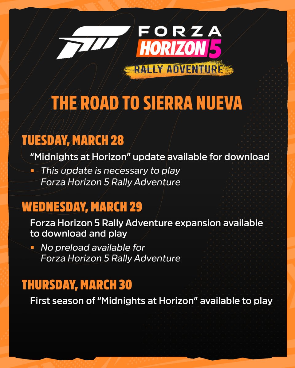 ForzaHorizon's tweet photo. Make sure you're ready for #FH5Rally to drop next week. Don't miss a beat with this handy rundown of everything you need. https://t.co/ECQNCl63rK