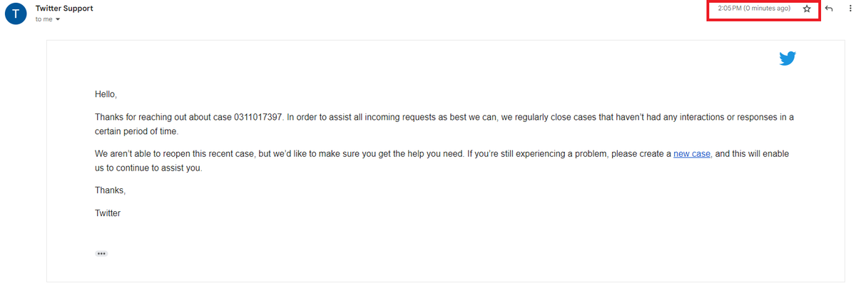I have reached out to @TwitterSupport to follow up on my case several times a week since my account <a href="/AzureSummoner/">Kay 🌸 Vintage 2017</a> was compromised 3/8/2023.  A moment ago they wrote to say they are closing my case for inactivity despite my THREE responses in the last THREE DAYS.