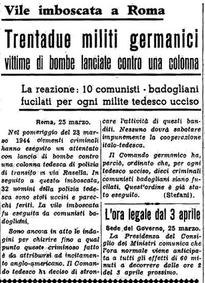 L'agenzia di stampa di regime Stefani, quando annunciò l'avvenuta rappresaglia alle #FosseArdeatine, in realtà usò parole chiarissime circa lo spirito e l'obiettivo profondo dell'eccidio: l'opposizione al nazi-fascismo.