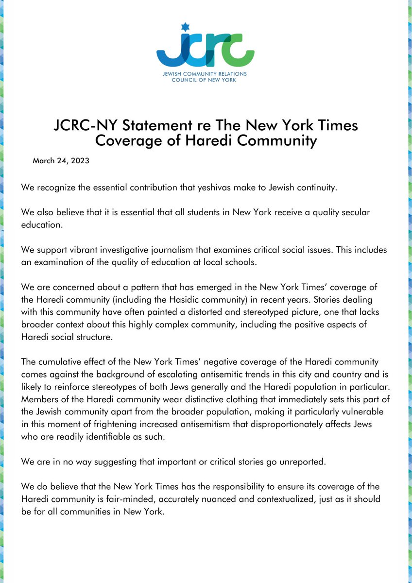 “The cumulative effect of the #NYTimes' negative coverage of the Haredi community comes against the background of escalating #antisemitic trends in this city and country and is likely to reinforce stereotypes of both Jews generally and the Haredi population in particular.” https://t.co/ECEdlx1tA8
