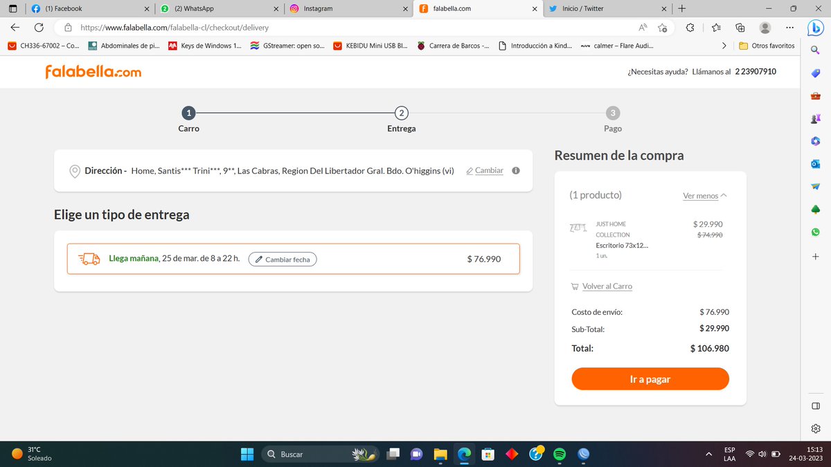 Capitulo 3..... ahora ofrecen envio gratis pero al ponerlo con despacho a Las Cabras, mágicamente aparece..... 76.990 atento <a href="/SERNAC/">SERNAC</a> con la publicidad engañosa de <a href="/FalabellaAyuda/">Falabella Ayuda CL</a>