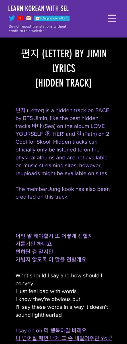 BTStranslation_'s tweet photo. 편지 (LETTER)  — JIMIN
BTS LYRICS HIDDEN TRACK TRANSLATION 

FULL TRANSLATION: https://t.co/LxH4N69xex

#FACE_Jimin #Jimin_FACE #jimin #letter #편지 #hiddentrack https://t.co/R9kJty1Ng0