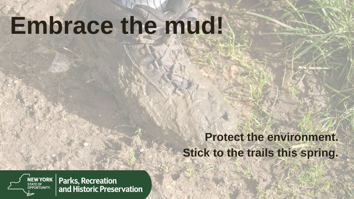 NYstateparks's tweet photo. If you're hitting the trails this weekend, remember to go through the mud, not around it. Your car's upholstery might not thank you, but the environment will. And whose approval would you rather have, after all? #SpringHikes https://t.co/HtNgoztoYF