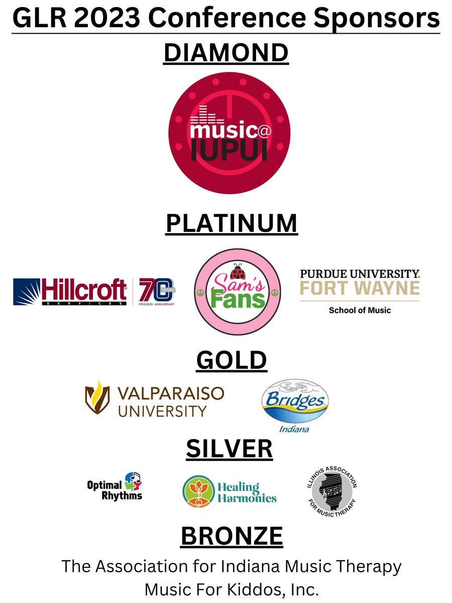 ID: Pictures of logos for diamond, platinum, gold and silver sponsors. Bronze sponsors reading "The Association for Indiana Music Therapy" and "Music for Kiddos, Inc."