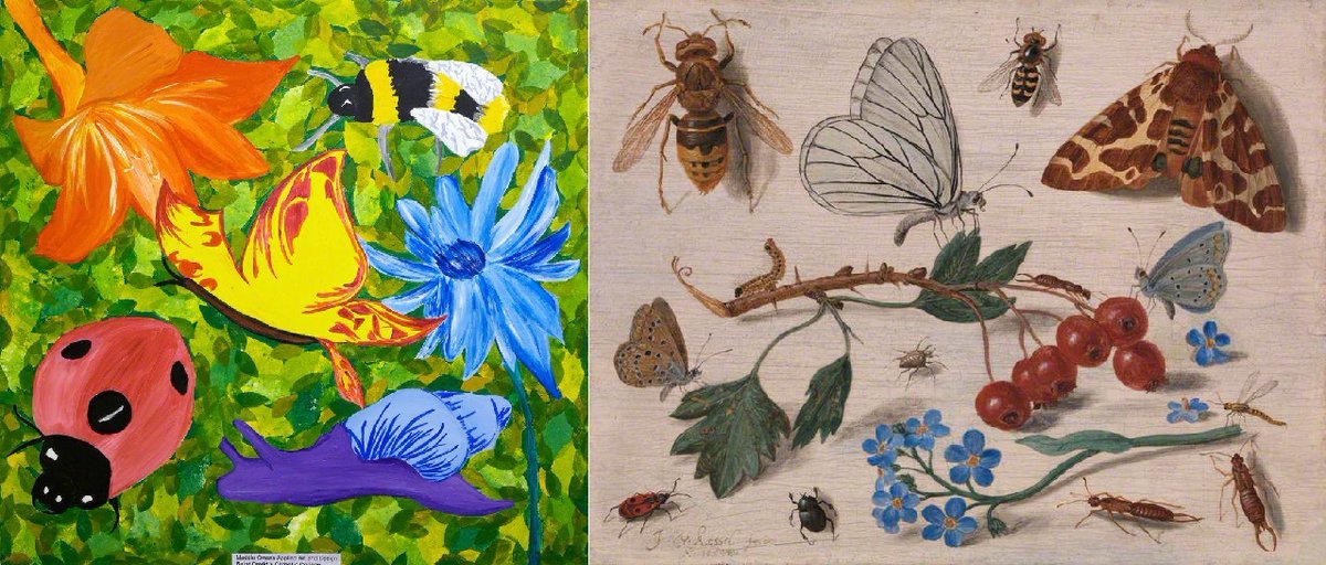 ImageoftheZebra's tweet image. When artworks speak across the centuries... Plenty of insects in this week's #WildIsles 
On the left is a colourful painting by Maddie Owens; on the right a 17th century painting by Jan van Kessel the Elder @NationalGallery @artukdotorg 

See more here: artuk.org/discover/curat…