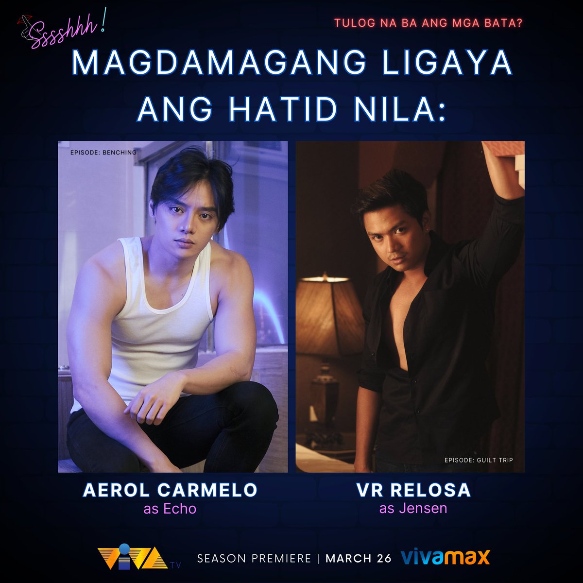 StudioVivaPH's tweet photo. Buhay na buhay ang gabi mo simula March 26 kapag napanood mo sila sa Sssshhh! 

Gusto mo ba ng kalat? Andito oh: https://t.co/Oi6V8cPrNv

#VivaTV #Sssshhh #VinceRillon #RashFlores #AerolCarmelo #VRRelosa #ArronVillaflor #JeffreyHidalgo https://t.co/y7YbOKcOiN