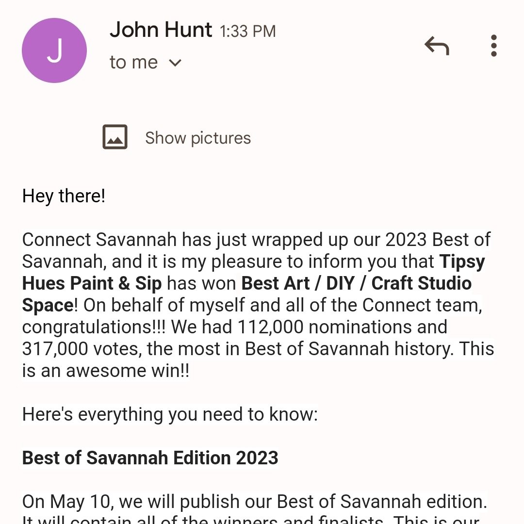 TipsyHues's tweet photo. It's official! We have been voted Best Art/Paint 'n Sip Studio in Savannah! Thank you to everyone who took the time to vote, we appreciate you all!
#tipsyhues #paintandsip #savannahga #bestofsavannah https://t.co/g46cxkDP2r