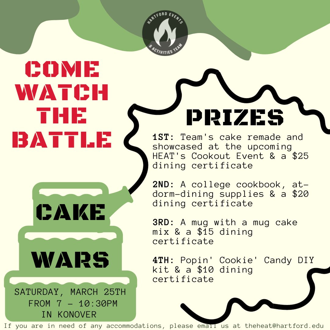 heatuhart's tweet photo. COME WATCH THE BATTLE! HEAT’s newest event, Cake Wars, is happening tomorrow, March 25th from 7-10:30pm in Konover! ❤️‍🔥 Students are invited to watch fellow peers battle it out for best decorated cake! 🎂 May the best cake win! #heatuhart https://t.co/MGKOxViOxv