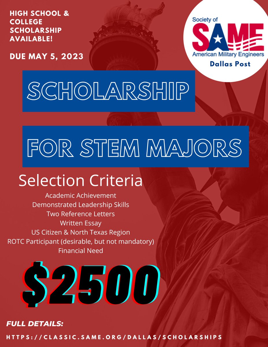 jmayvil's tweet photo. The @Dallas_SAME  #scholarship applications are due May 5th. Please help us get the word out to counselors, graduating seniors &amp; college students. https://t.co/8rs7bu7DmT https://t.co/1jQDwXBmgS