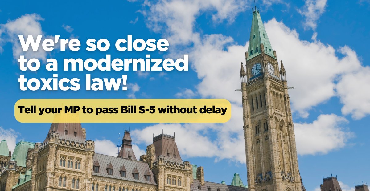 📣 Bill S-5, the long-awaited legislation to modernize Canada’s most important #toxics law (CEPA) is facing its final vote in the House of Commons.  

Tell the federal government to keep its promise and pass Bill S-5 without delay: act.environmentaldefence.ca/page/124889/ac…