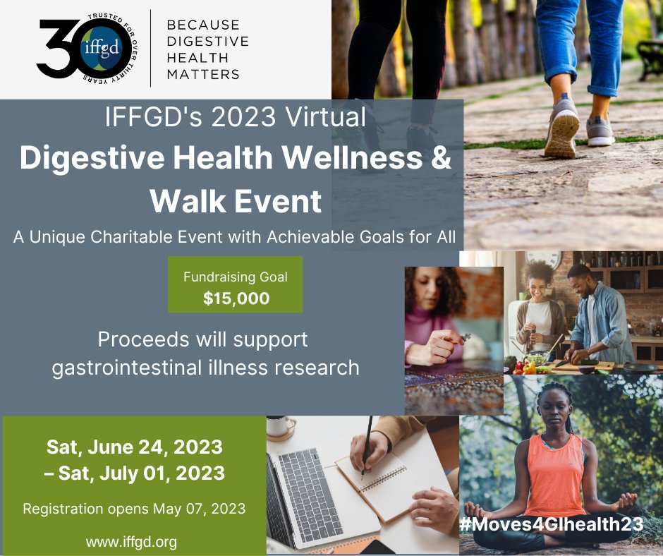 IFFGD's tweet photo. IFFGD’s Health Wellness and Walk Event to raise money for GI research is coming up! Get points by taking steps, practicing self-care, wellness, or outreach activities. Registration opens June 24th. #Moves4GIhealth23 #SavetheDate #DigestiveHealthMatters https://t.co/KIc8jIWi3r