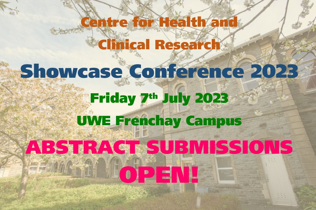 The <a href="/CHCR_UWE/">UWE Health Research</a> Showcase Conference 2023 has LAUNCHED! 🤩
Friday 7th July <a href="/UWEBristol/">UWE Bristol</a> Frenchay Campus. 
Registration details to follow… 
ABSTRACT SUBMISSIONS OPEN!
You've local research relevant to CHCR? Submit a poster! Deadline 28th April. Contact <a href="/alisondiaper/">Dr Alison Diaper</a> for info.
Pls RT!