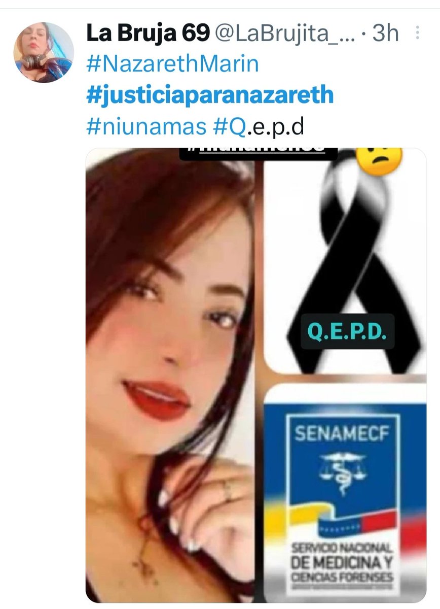 manuelita1504's tweet photo. Nazareth Marín:
-"Sí un día salgo y no regreso, salgan a buscarme.
Yo nunca dejaría sola a mi hija"
-Nazareth sí te buscamos, pero llegamos tarde. Tus verdugos no tuvieron piedad. Ahora tendrán que pagar.
#JusticiaParaNazareth
#PenaMáximaAlFemicida
@TarekWiliamSaab 
@mdiazmendoza https://t.co/p2RX9yF2cQ