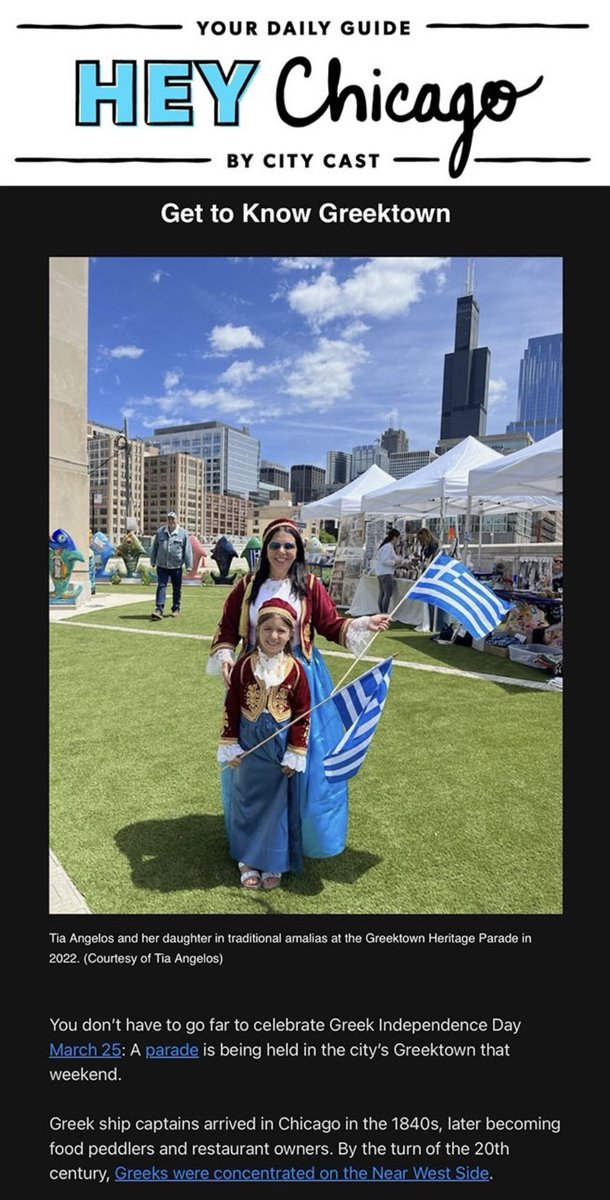 GreektownChi's tweet photo. Our very own Tia Angelos helped give Greektown a neighborhood shout out in @citycastchicago newsletter! Check out this adorable photo of her and her daughter at last year’s Greek Heritage Parade – returning this Sunday!
#heychicago #eatseedo #greektown #greektownchicago #saganaki https://t.co/ZBzLpBU6dH