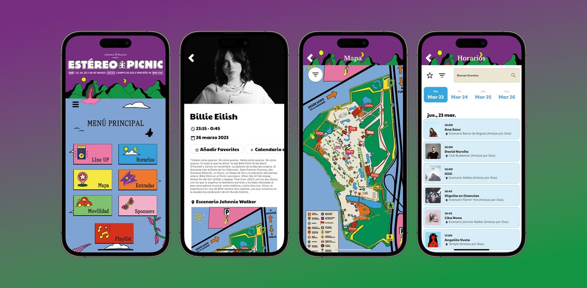 GrandstandApps's tweet photo. Amazing opportunity to work again with the team from Festival Estéreo Picnic @Festereopicnic_  to deliver this Spanish-language mobile app featuring Billie Eilish, Drake, Lil Nas X, Rosalia, Twenty One Pilots and more! Day 2 is underway! #FEP2023 https://t.co/L9AHxwuzLs