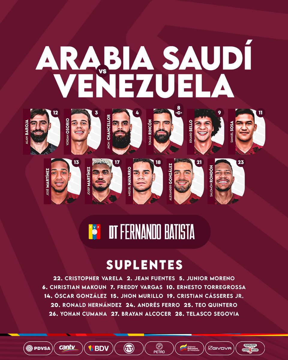 FUTVEEnglish's tweet photo. Bocha Batista names two Liga FUTVE stars in his first ever XI, handing starts to Caracas duo Alain Baroja &amp; Alexander Gonzalez.

Samuel Sosa also makes his full debut for Venezuela having previously played as a half-time substitute vs. Ecuador in a 2019 friendly. KO on the hour. https://t.co/MiYjiRTv5L