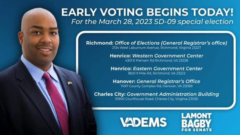 It’s a great day to vote early for @delegatebagby for State Senate. This Special Election fills the remaining term of @RepMcClellan. Early voting began 3/13, and the last day to vote is Tuesday, March 28. Voters in the current Senate District 9 are eligible to vote.