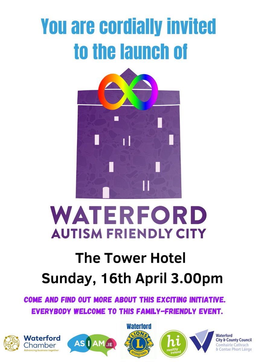 The first Autism Friendly City campaign is being launched in Waterford this April. All are welcome to attend. Proudly supported by <a href="/HealthyIreland/">HealthyIreland</a> <a href="/waterfordcc/">Waterford Chamber</a> @AsIAmIreland and many voluntary organisations. Let's make Waterford the best city to live in for all.
