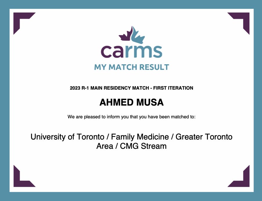 7AMusa's tweet photo. A dream come true! Very excited to be joining @UofTFamilyMed for residency. I am incredibly grateful for my family, friends, and mentors for all their support.  #CaRMS #CaRMS2023 #CaRMSMatch #FamilyMedicine https://t.co/jNLLWtEvOa