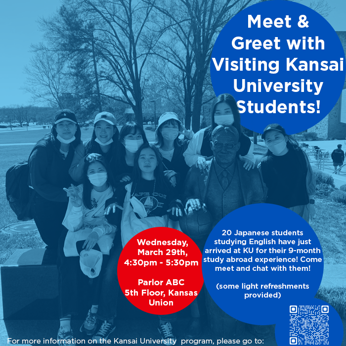 HURRAY!

Kansai University students have arrived for this year's International Short Program!

Please come and welcome them at a Meet &amp; Greet on March 29th at 4:30 pm in the Kansas Union, Parlors.

#KansaiUniversity #RockChalk #KUIA