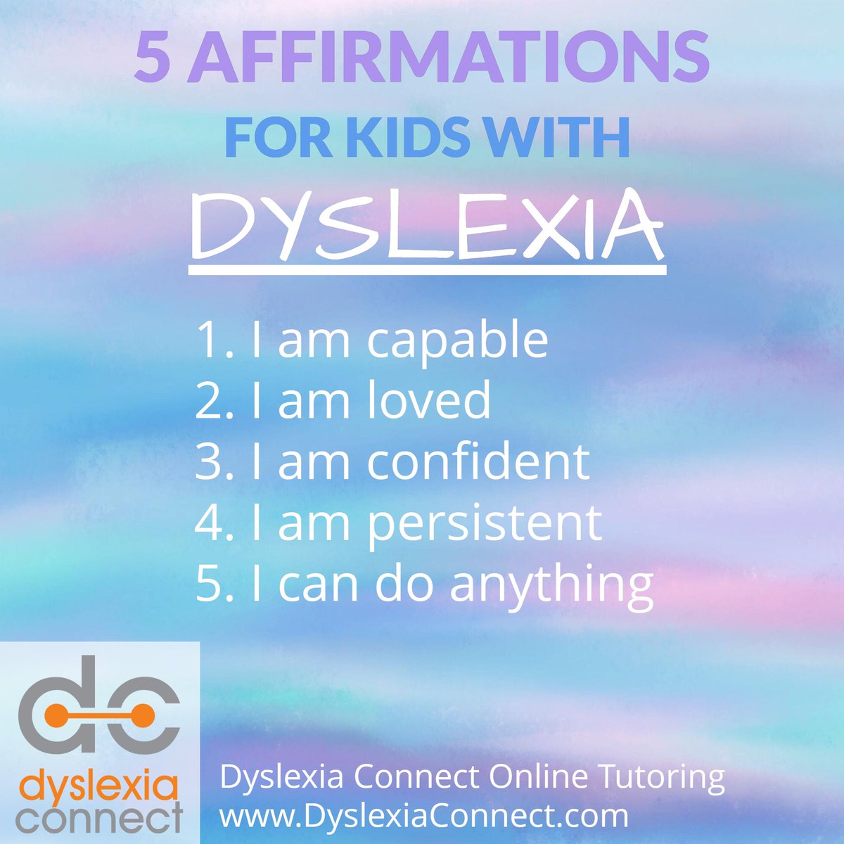 ConnectDyslexia's tweet photo. Kids with dyslexia need encouragement! One of the best ways that we can provide this is to help them develop positive self-talk. Here are five great affirmations to try! https://t.co/IEul2iUeSg #Dyslexia #ADHD #Dysgraphia https://t.co/7cVSR7YLPO