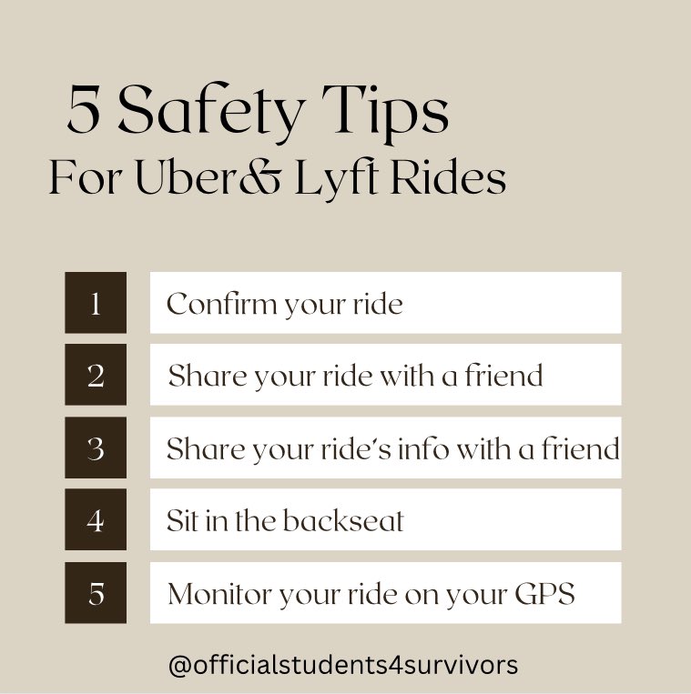 Having high sexual assault rates in the previous years, above are safety tips for Uber and Lyft riders. Remember to stay observant for suspicious behavior! 
#ubersafety #sexualassault #students4survivors #endrapeculture