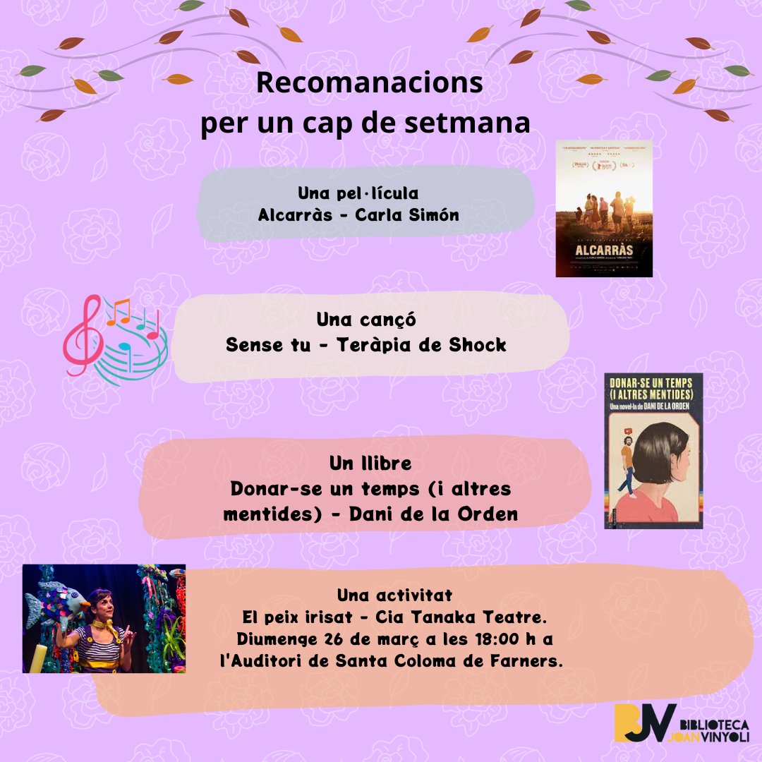 A la Biblioteca Joan Vinyoli estrenem la primavera amb les nostres habituals recomanacions del cap de setmana.
Esperem que us agradin les propostes i que passeu un feliç i primaveral cap de setmana

#culturascf #ajscfarners #bibliorecomanacions #quèfemalesbiblios #viulabiblio