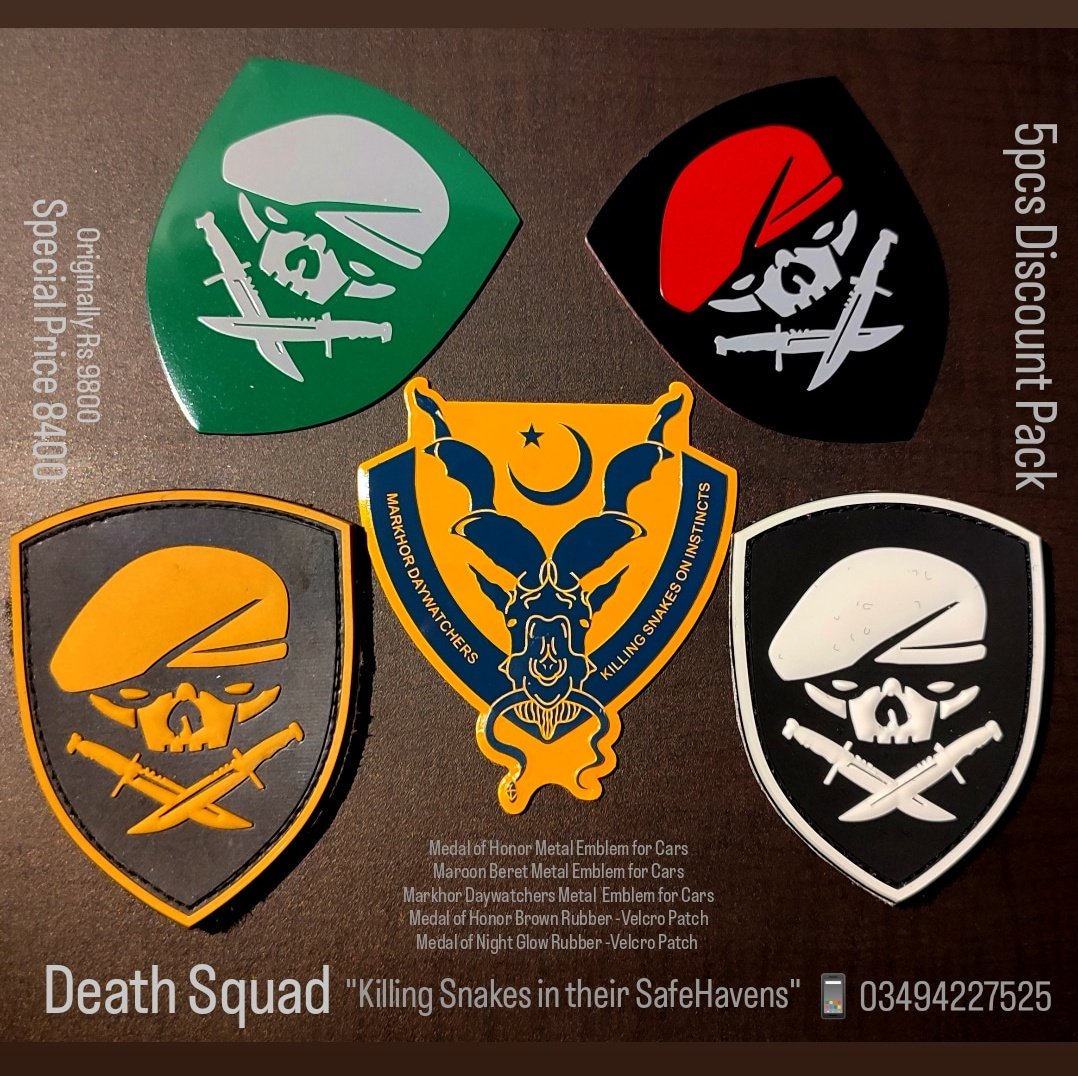 GhazwaehindY's tweet photo. Discount Pack of 5pcs
3 Metal Emblems for Cars
2 Patches
Discounted Price Rs 8400
Get yours now on 03494227525
#Emblems
#patches
#Markhor
#ISI
#SSG
#deathsquad
#GhostUnit https://t.co/lecVhWBl6R