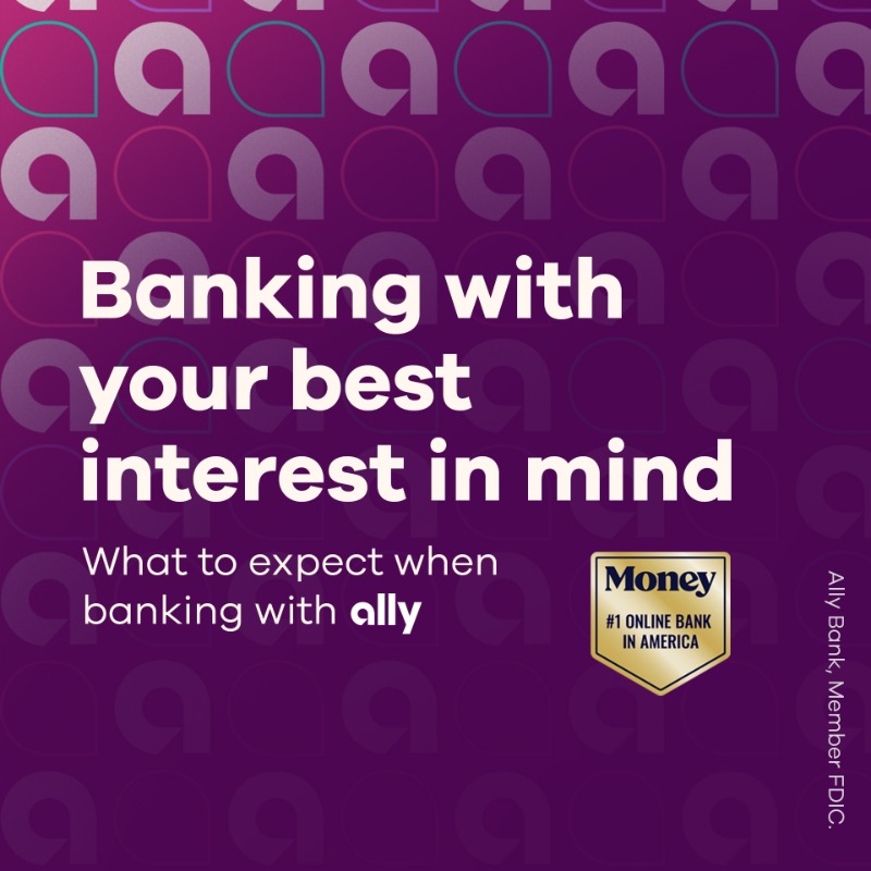 Ally's tweet photo. It’s not just our name, it’s what our bank is built on… 💜 Swipe to learn more ➡