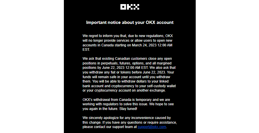 jp_koning's tweet photo. OKX stopped serving Canadians this morning. It couldn't meet today's deadline for filing with securities regulators.

Next up: Coinbase, Kraken and Gemini.

Unless they file by today, all three will have to exit Canada, else they'll be operating here illegally. https://t.co/gcccXNoaVA