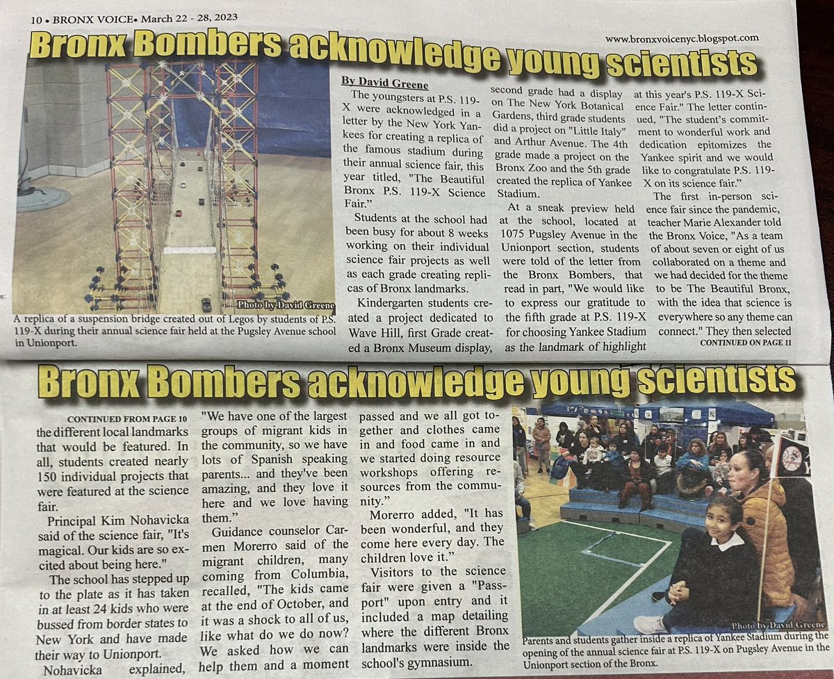 PS119 x is in the news! Bronx Voice @Bronxvoice1 @Yankees @nybg @ArthurAveBX @WaveHill @BronxZoo @d8connect @jen_joynt @AnyaMunce @CSAPatterson @District8UFTRep @UFT @CECD8Bronx