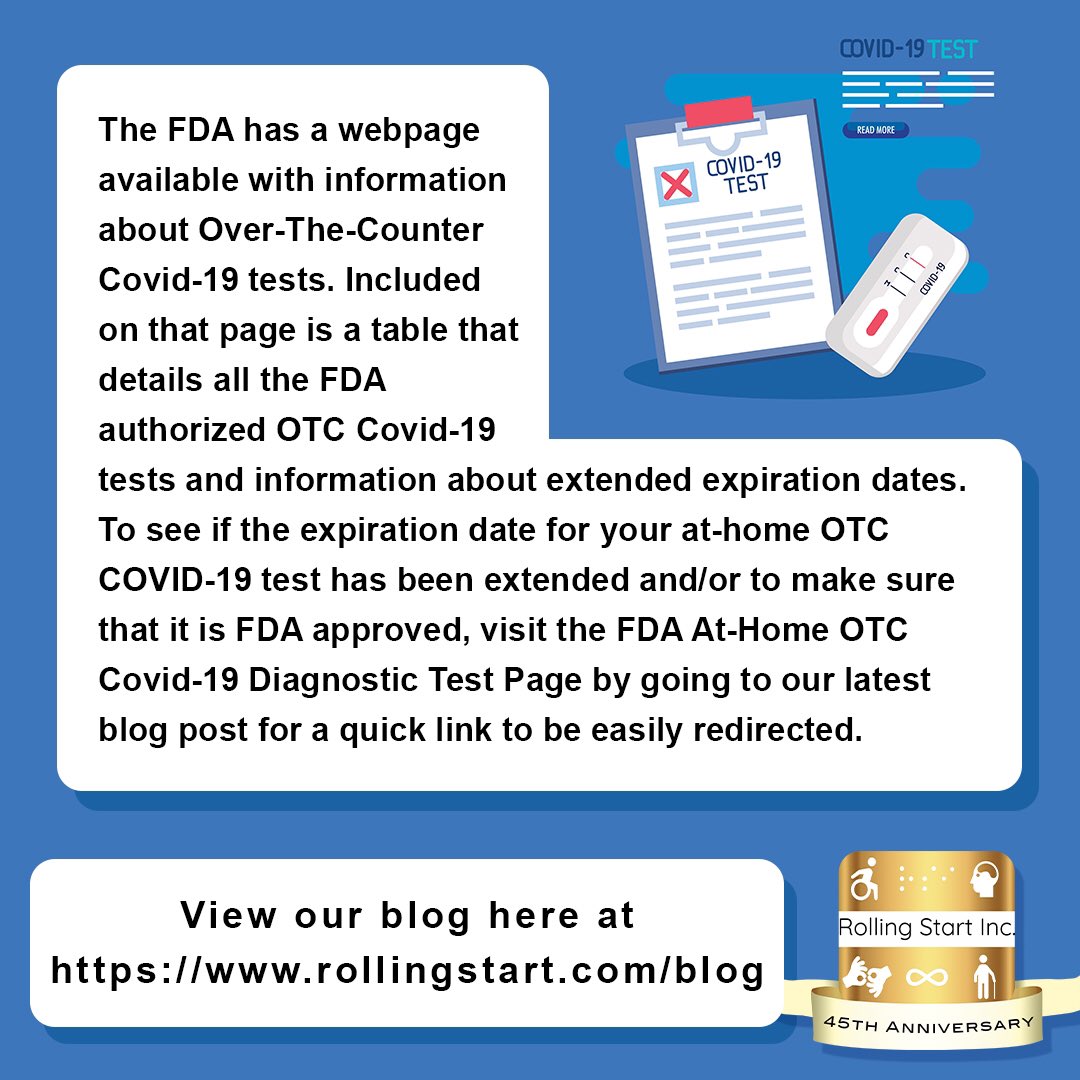RollingStartInc's tweet image. Go to our blog at rollingstart.com/blog to go to our last post that has a link to the FDA OTC covid test information page.

@US_FDA #covid_19 #overthecounter #expirationdate #fda
