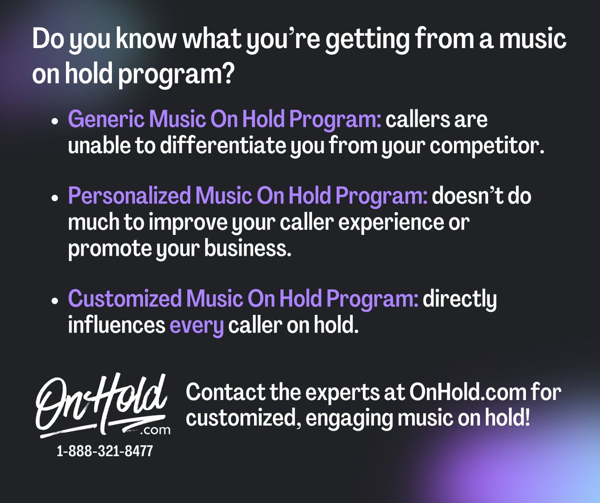 To enhance your overall caller experience & increase revenue, contact OnHold.com at 1-888-321-8477. 

onhold.com/blog/do-you-kn…

#OnHold #MusicOnHold #OnHoldProgram #ProfessionalStudio #AudioProfessional #CustomOnHold #CustomizedOnHold #CustomizedMusicOnHold