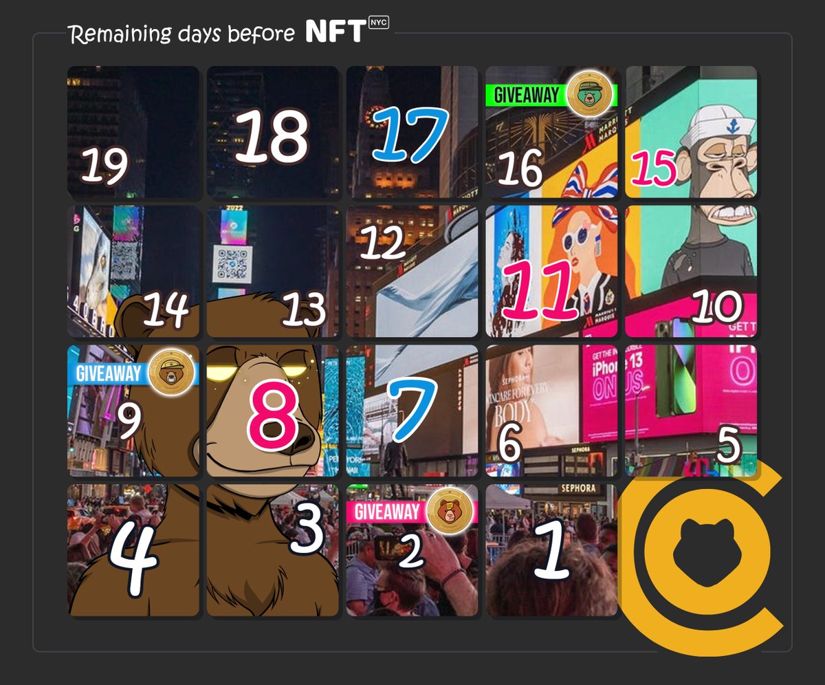 Countdown to NFT NYC just got more exciting with our special advent-like calendar😍
19 different furs to unveil, one day at a time, leading up to #NFTNYC. Starting tomorrow, we'll reveal the first fur.  <a href="/okaybears/">Okay Bears</a> #foundercoins
🏆 Want to win a FC? Rules 👇