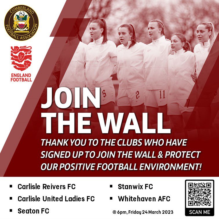 CumberlandFA's tweet photo. 👍🤝⚽️ | A number of #Cumberland Clubs have already signed up to our #JoinTheWall initiative!
Read all about it & protect our positive football environment ➡️ https://t.co/q6iPBHkLaU
All participating teams are invited to enter our competition to show that👇
#WeJoinedTheWall https://t.co/e1kZ0tlDHh