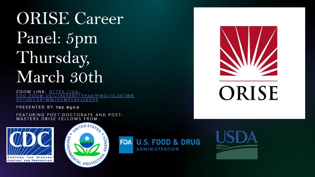 ORISE Careers-In-Biology panel will be happening Thursday (3/30) at 5pm! We will have four ORISE fellowship recipients discussing their experiences receiving post-doctoral/post-masters positions at the FDA, USDA, CDC, and EPA. Join us on ZOOM!