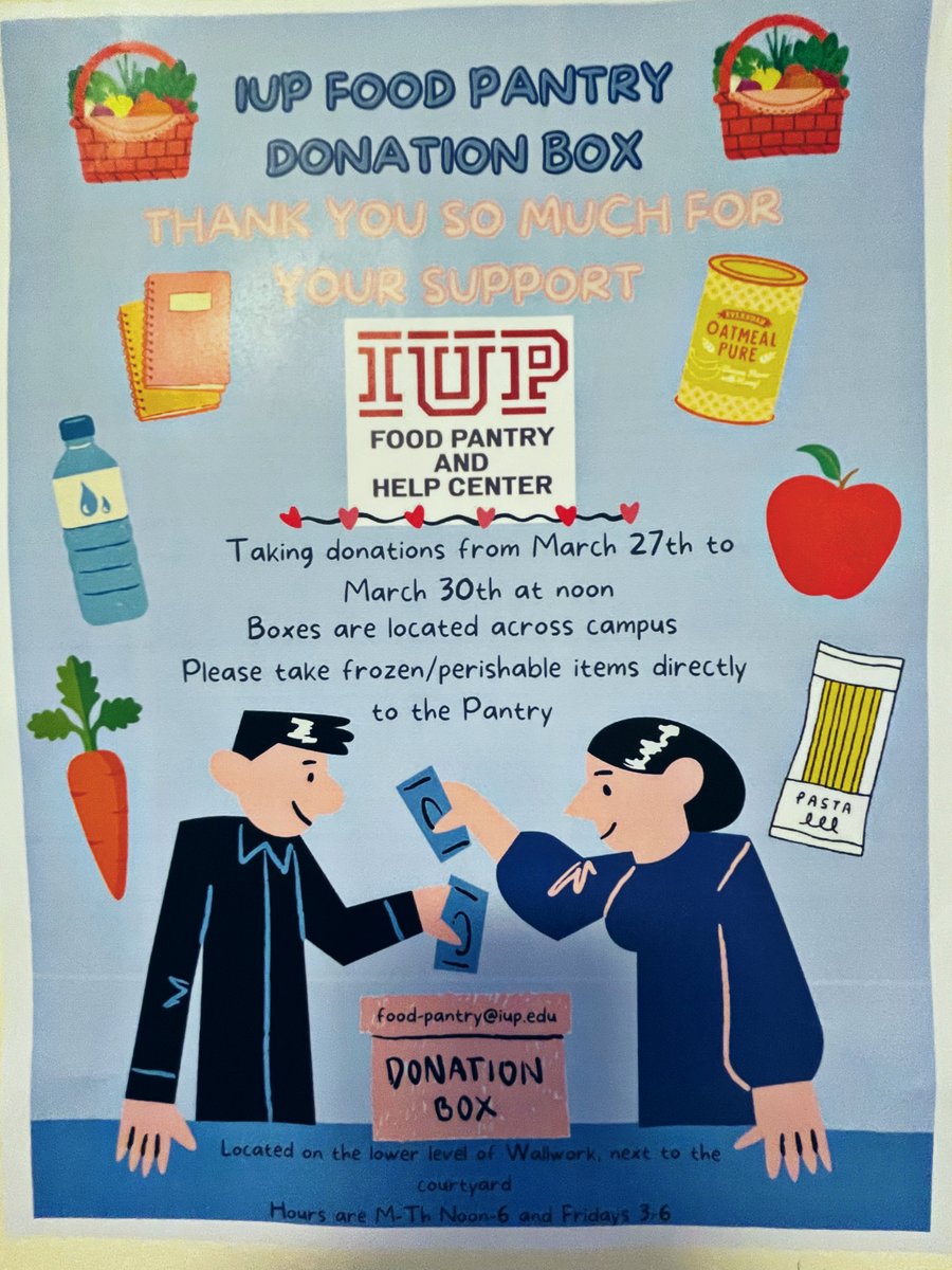IUP_Democrats's tweet photo. The boxes are out for next week's food drive! Please consider donating! This box is located in the lobby of Northern Suites. @IUPedu #IUP #IUPProud https://t.co/M3uvozvT7F