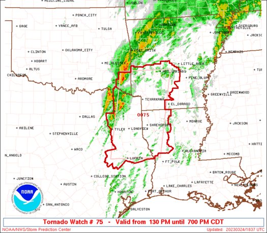 wxusa's tweet photo. Update 1:42 pm CDT: A tornado watch is in effect for southwest Arkansas, northwest Louisiana, far southeast Oklahoma, east and northeast Texas until 7 pm CDT. Please be weather aware. #akwx #lawx #txwx #okwx https://t.co/RwxkTe6eIK