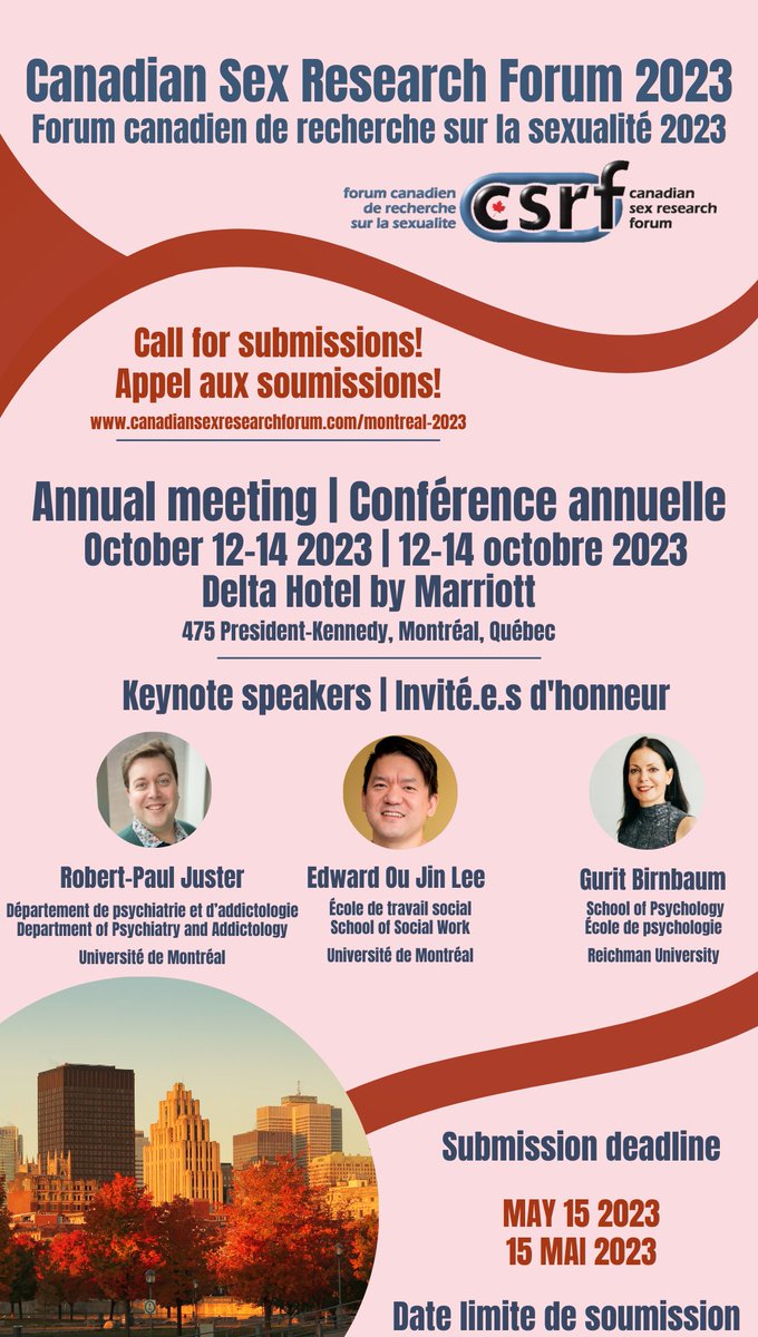 Don't forget ! The Call for Submissions for the 2023 Annual CSRF Meeting is OPEN. The meeting will be held Oct 12-14, 2023 in Montréal. All submissions must be made online by May 15, 2023, via app.oxfordabstracts.com/stages/5647/su…