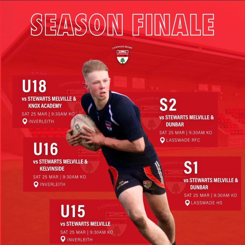 Lasswade High School - Rugby (@lhs_youthrugby) on Twitter photo Last 15βs fixture for all our boys tomorrow morning before 7βs starts!
Come along and cheer on our teams!
Details below.
<a href="/LasswadeRFC/">LasswadeRFC</a> @LasswadeHSC @lasswadesports Last 15βs fixture for all our boys tomorrow morning before 7βs starts!
Come along and cheer on our teams!
Details below.
<a href="/LasswadeRFC/">LasswadeRFC</a> @LasswadeHSC @lasswadesports