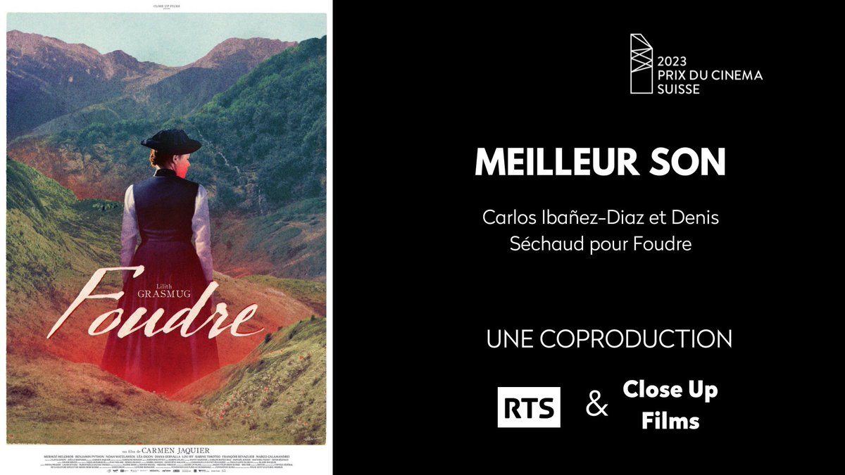 RadioTeleSuisse's tweet photo. Carlos Ibañez-Diaz et Denis Séchaud remportent le prix du Meilleur son pour le film "Foudre" de Carmen Jaquier. #Quartz23 #SwissFilmAward #CoprodRTS & #CloseUpFilms https://t.co/tPCcsIOZUK