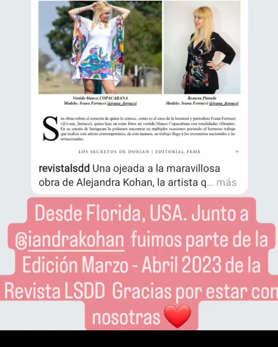ivanaferrucci1's tweet photo. Super agradecidas con @iandrakohan de haber sido parte de la revista Estadounidense @revistalsdd LSDD edición marzo 2023

#revista #lsdd #looks #diseños #ivanaferrucci https://t.co/jgyGT9VVL6