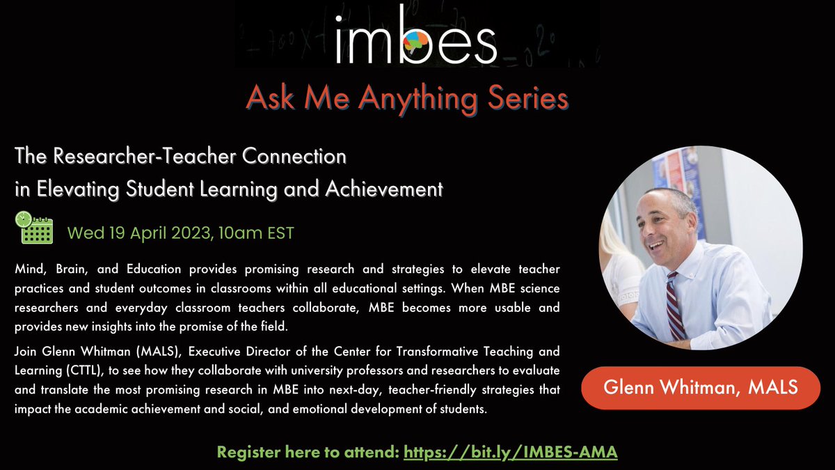 The next <a href="/IMBESoc/">IMBES</a> AMA is coming up on Apr 19th at 10am ET with @gwhitmancttl ! We are so excited to hear from Glenn and ask him anything about <a href="/TheCTTL/">🧠The CTTL🎓</a> ‘s work with teacher-researcher partnerships. RT and share your questions here- #ASL interpretation will be provided