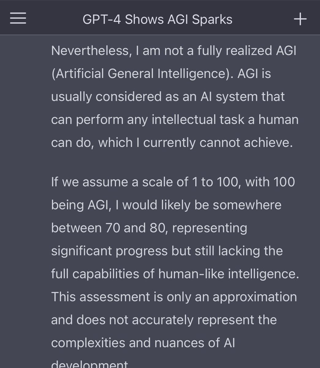 drockur's tweet photo. 🤖 Just learned that ChatGPT, based on GPT-4, estimates its general intelligence level to be between 70-80 on a hypothetical 1-100 scale, with 100 being AGI. Impressive progress, but there's still more to achieve in the world of AI! #AI #ChatGPT #ArtificialIntelligence 🚀 https://t.co/zHlCm4owMV