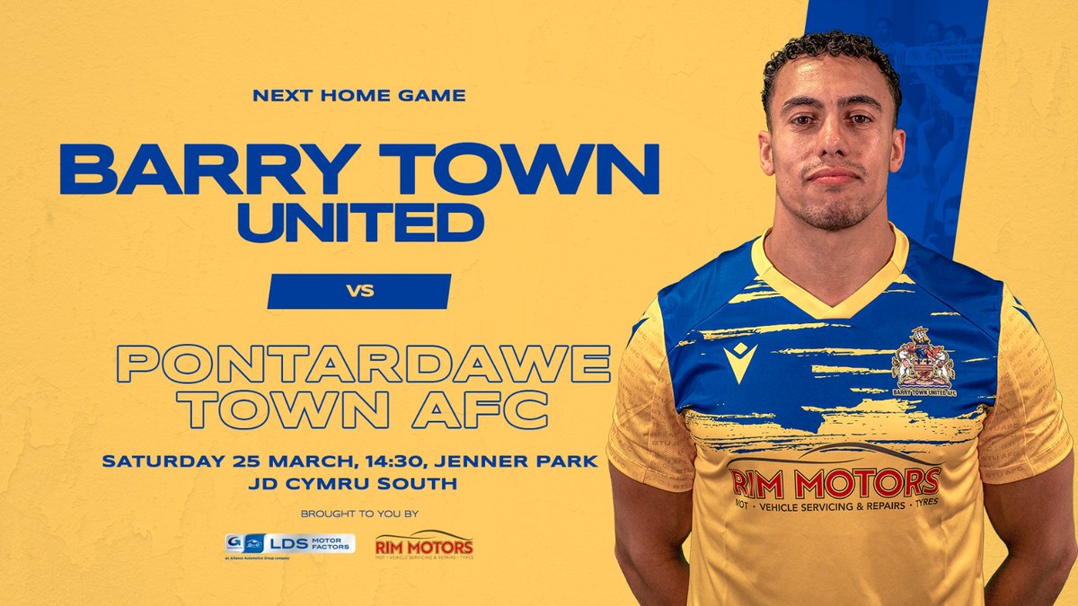 BarryTownUnited's tweet photo. 𝐈𝐭'𝐬 𝐭𝐡𝐞 𝐛𝐢𝐠𝐠𝐞𝐬𝐭 𝐨𝐧𝐞...🎊

Tomorrow, 3 points are needed to see us crowned JD Cymru South champions.

Join us at Jenner Park to cheer the lads on

#YourTownYourTeam 💛💙 https://t.co/pDDfXlXTxl