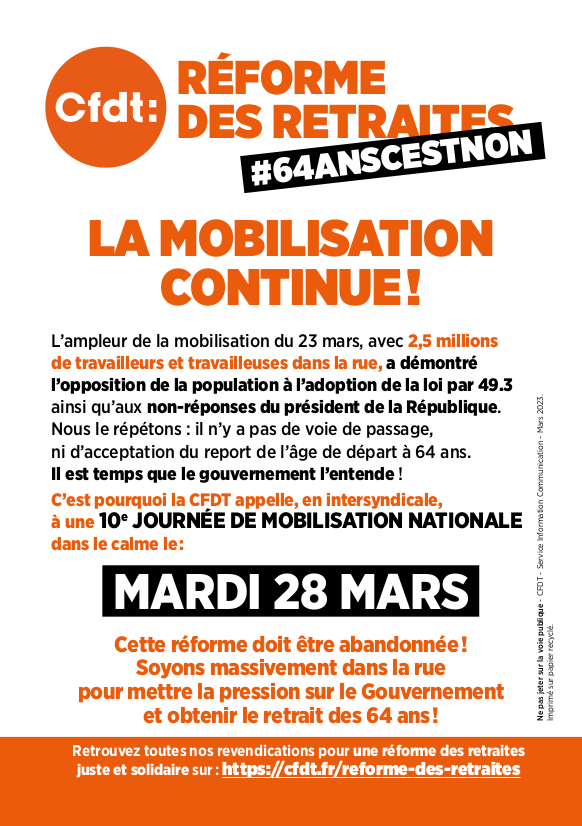 Lors de l'AG ce matin : vote à l'unanimité pour la prolongation de la grève reconductible jusqu'au 29 👏. Action lundi matin aux entrées Nord et Sud du site.
On lâche rien ! ✊
#non64ans 
Et le 28 mars soyons massivement dans la rue 👇