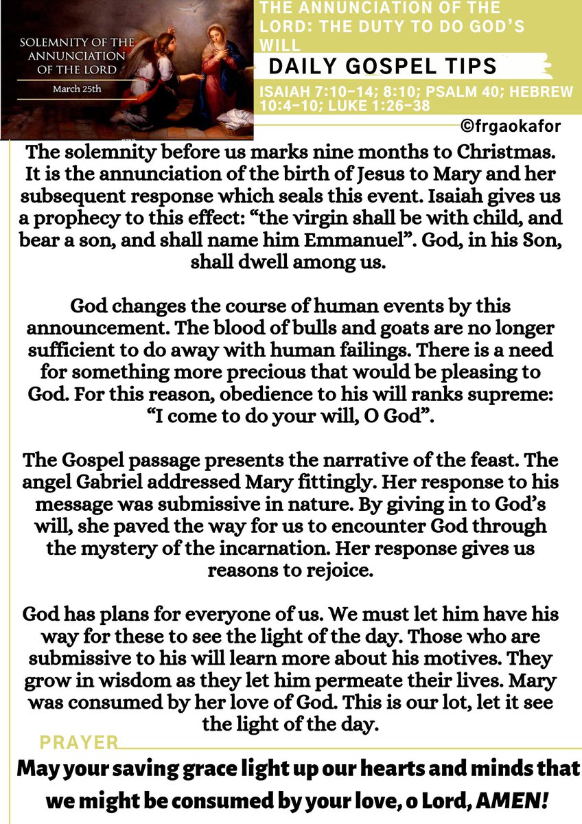 frgaokafor's tweet photo. #dailygospeltips #TheWillOfGod #annunciation #graciousdayahead https://t.co/KVzYWlkxuh